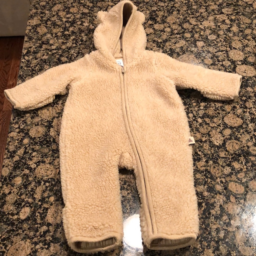GAP Cream Sherpa Fleece Hooded Baby One-Piece